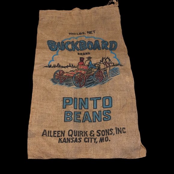 Burlap Sack BuckBoard PDQ Pinto Beans 100lbs Bag Bright Wagon Horse Western Vint - Picture 3 of 16